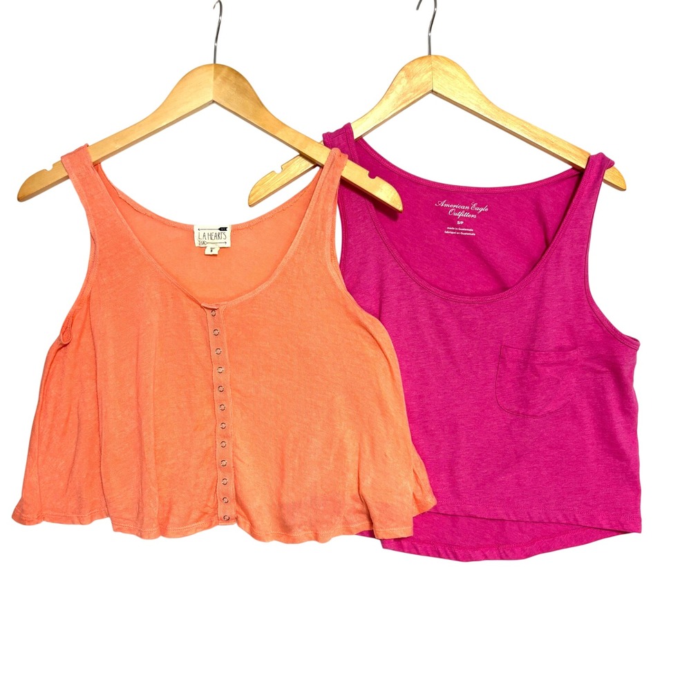 Set of 2 Cropped Tank Tops AEO & LA Hearts Pink & Peach Scoop Neck‎ Casual Small